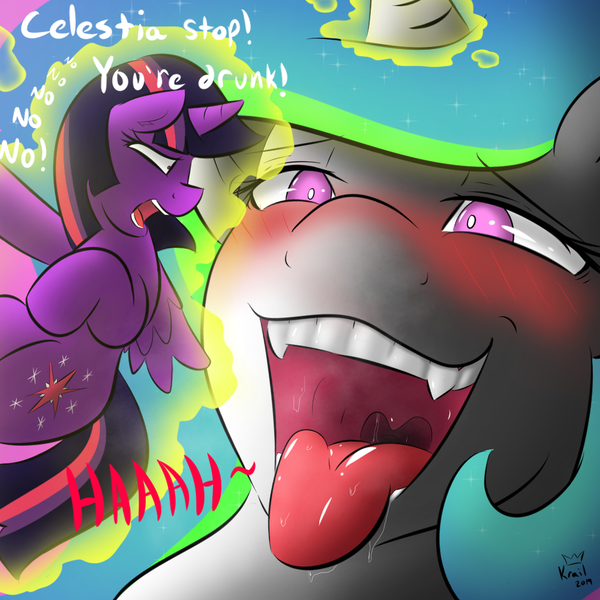 Size: 1000x1000 | Tagged: suggestive, artist:kingkrail, derpibooru import, princess celestia, twilight sparkle, twilight sparkle (alicorn), alicorn, pony, blushing, breath, dialogue, drool, drool string, drunk, drunk celestia, drunklestia, fangs, fear, fetish, go home you're drunk, imminent vore, macro/micro, magic, magic aura, maw, mawshot, micro, open mouth, oral invitation, preylight, princess vorestia, salivating, teeth, text, tongue out, unwilling vore, uvula, vore