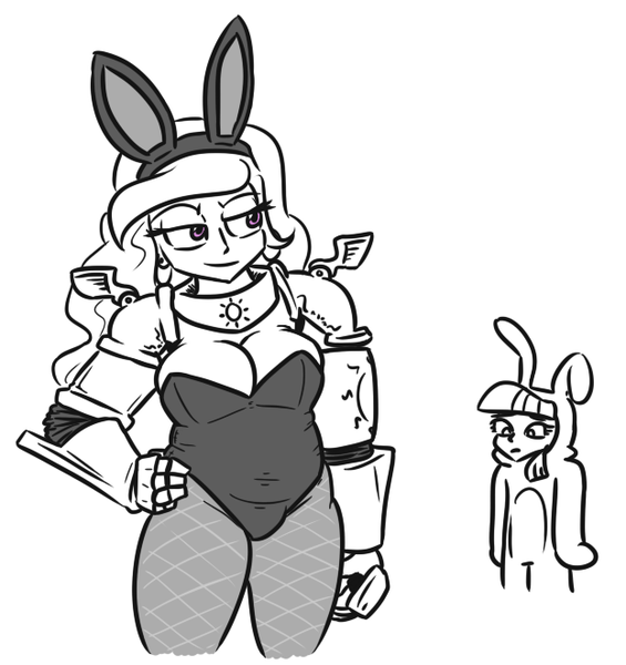 Size: 622x661 | Tagged: animal costume, artist:jargon scott, breasts, bunny costume, bunnylestia, bunny pajamas, bunny suit, busty princess celestia, cleavage, clothes, costume, derpibooru import, duo, grayscale, hand on hip, human, humanized, monochrome, neo noir, partial color, plump, princess celestia, safe, simple background, smol, twilight sparkle, white background