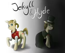 Size: 2560x2100 | Tagged: safe, artist:partes, derpibooru import, ponified, earth pony, pony, cloak, clothes, crossover, dissociative identity disorder, dr jekyll and mr hyde, duality, evil grin, gradient background, grin, hat, male, multiple personality, raised hoof, smiling, stallion, top hat