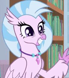 Size: 424x480 | Tagged: a horse shoe-in, animated, book, bookshelf, classical hippogriff, cropped, cute, derpibooru import, diastreamies, female, gif, happy, hello, hippogriff, jewelry, looking at you, loop, necklace, quadrupedal, safe, screencap, silverstream, smile and wave, smiling, solo, teenager, waving