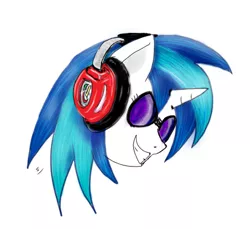 Size: 448x411 | Tagged: safe, artist:ciaran, derpibooru import, vinyl scratch, pony, unicorn, bust, glasses, headphones, simple background, smiling, white background