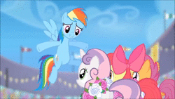 Size: 1280x720 | Tagged: safe, derpibooru import, screencap, apple bloom, ms. harshwhinny, rainbow dash, scootaloo, sweetie belle, earth pony, pegasus, pony, unicorn, flight to the finish, animated, cute, cutie mark crusaders, excited, extended trot pose, female, filly, flower, mare, ms. cutewhinny, smiling, sound, unprofessional, webm, when she smiles