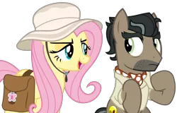 Size: 6833x4363 | Tagged: safe, artist:sketchmcreations, derpibooru import, doctor caballeron, fluttershy, earth pony, pegasus, pony, daring doubt, bag, female, hat, looking at each other, male, mare, saddle bag, simple background, sitting, stallion, transparent background, vector