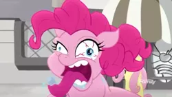 Size: 1280x720 | Tagged: safe, derpibooru import, screencap, fluttershy, pinkie pie, earth pony, pegasus, pony, rainbow roadtrip, bloodshot eyes, crazy face, faic, female, floppy ears, folded wings, long tongue, low quality, mare, salivating, solo focus, terrorize, tongue out, why, wings