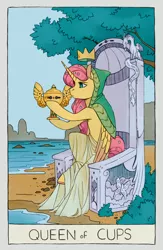 Size: 2284x3508 | Tagged: safe, artist:cuttledreams, derpibooru import, fluttershy, alicorn, pony, pony pov series, alicornified, crown, fanfic art, flower, flower in hair, fluttercorn, jewelry, race swap, regalia, tarot card, throne