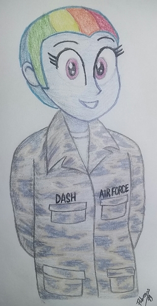 Size: 995x1929 | Tagged: safe, artist:pabrony83, derpibooru import, rainbow dash, equestria girls, air force, alternate hairstyle, fanfic art, fatigues, female, solo, traditional art