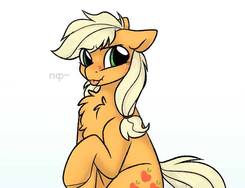 Size: 1280x987 | Tagged: safe, artist:mariashapony, derpibooru import, applejack, earth pony, pony, :p, blushing, chest fluff, cute, cutie mark, cyrillic, eye clipping through hair, female, floppy ears, hatless, jackabetes, mare, missing accessory, onomatopoeia, russian, silly, silly pony, simple background, sitting, solo, tongue out, white background, who's a silly pony