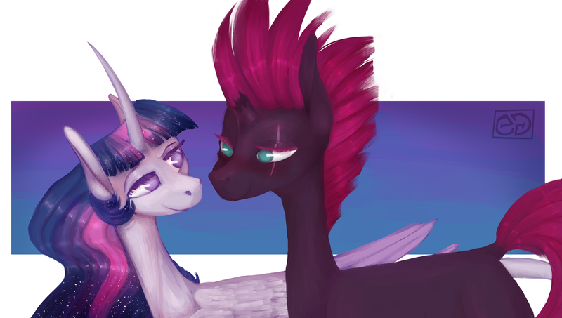Size: 3500x1982 | Tagged: safe, artist:eugenchen, derpibooru import, tempest shadow, twilight sparkle, twilight sparkle (alicorn), alicorn, pony, unicorn, abstract background, broken horn, curved horn, ethereal mane, eye scar, female, horn, lesbian, lidded eyes, looking at each other, mare, scar, scar on the wrong side, shipping, starry mane, tempestlight