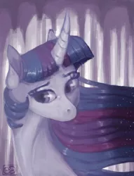 Size: 400x524 | Tagged: safe, artist:eugenchen, derpibooru import, twilight sparkle, pony, bust, cave, curved horn, ethereal mane, female, horn, mare, solo, stalactite, starry mane, windswept mane