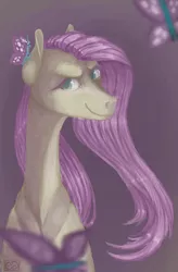 Size: 630x963 | Tagged: safe, artist:eugenchen, derpibooru import, discord, fluttershy, butterfly, pony, the return of harmony, bust, female, flutterbitch, gradient background, looking at you, mare, smiling, smirk, solo, species swap