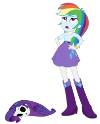 Size: 1323x1631 | Tagged: safe, derpibooru import, edit, rainbow dash, rarity, equestria girls, bodysuit, disguise, disgusted, impersonating, mask, masking, poor rainbow dash