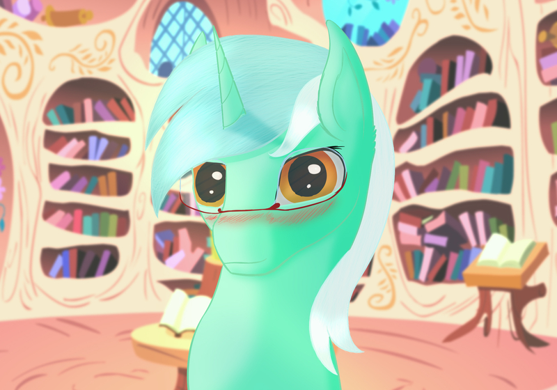 Size: 2000x1400 | Tagged: safe, artist:aterhut, derpibooru import, lyra heartstrings, pony, unicorn, blushing, bust, female, glasses, golden oaks library, looking at you, mare, solo