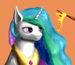 Size: 2200x1909 | Tagged: safe, artist:aterhut, derpibooru import, princess celestia, alicorn, pony, abstract background, female, hair over one eye, jewelry, mare, regalia, solo, stick