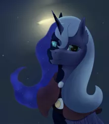 Size: 839x952 | Tagged: safe, artist:aterhut, derpibooru import, princess luna, alicorn, pony, duality, ethereal mane, female, looking at you, mare, missing accessory, night, nightmare luna, peytral, s1 luna, smiling, solo, starry mane, stars