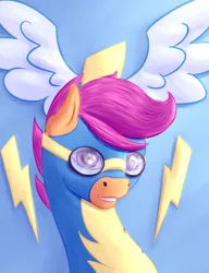 Size: 1000x1300 | Tagged: safe, alternate version, artist:aterhut, derpibooru import, scootaloo, pony, bust, clothes, female, goggles, looking at you, mare, older, older scootaloo, smiling, solo, uniform, wonderbolts uniform