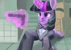 Size: 4960x3508 | Tagged: safe, artist:toisanemoif, derpibooru import, twilight sparkle, pony, bowtie, clothes, crate, goldeneye, gun, handgun, magic, pistol, solo, suppressor, telekinesis, tuxedo, walther ppk, weapon