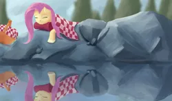 Size: 2000x1179 | Tagged: safe, artist:aterhut, derpibooru import, fluttershy, pony, blanket, female, mare, picnic, picnic blanket, pillow, reflection, rock, rock pool, sleeping, solo, water