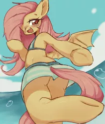 Size: 574x680 | Tagged: suggestive, artist:91o42, derpibooru import, fluttershy, anthro, bat pony, unguligrade anthro, adorasexy, arm hooves, bat ponified, bat wings, beach, blushing, breasts, clothes, cute, delicious flat chest, female, flutterbat, looking at you, mare, miniskirt, race swap, red eyes, schrödinger's pantsu, sexy, shyabates, shyabetes, skirt, sky, slit eyes, slit pupils, solo, solo female, swimsuit, upskirt, water drops, wings