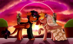 Size: 3600x2160 | Tagged: safe, artist:xprismxx, derpibooru import, oc, oc:sydney, unofficial characters only, dracony, dragon, hybrid, pegasus, pony, clothes, dress, female, mare, suit, sunset, wedding dress
