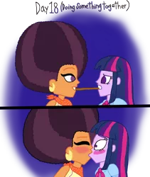 Size: 3000x3556 | Tagged: safe, artist:bigpurplemuppet99, derpibooru import, saffron masala, twilight sparkle, equestria girls, 30 day otp challenge, afro, blushing, comic, equestria girls-ified, female, food, kissing, lesbian, pocky, pocky game, shipping, twiffron