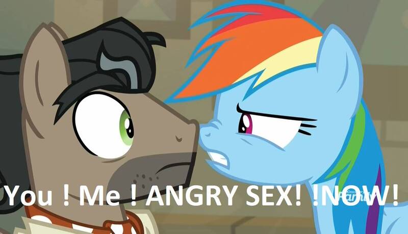 Size: 1180x677 | Tagged: suggestive, derpibooru import, edit, edited screencap, screencap, doctor caballeron, rainbow dash, earth pony, pegasus, pony, daring doubt, angry sex, boop, caption, dialogue, female, image macro, imminent sex, implied sex, male, mare, noseboop, screenshots, sex, stallion, text, you. me. x. now.