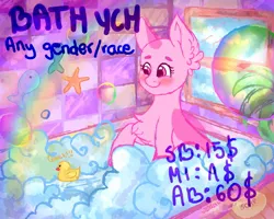 Size: 680x544 | Tagged: safe, artist:winterkitter, derpibooru import, oc, earth pony, pegasus, pony, unicorn, any gender, any species, bath, bathtub, bubble, commission, cute, pastel, rainbow, rubber duck, solo, your character here