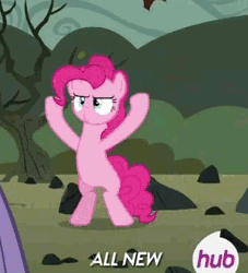Size: 344x379 | Tagged: safe, derpibooru import, screencap, pinkie pie, earth pony, pony, maud pie (episode), all new, animated, bipedal, confetti, cropped, female, girly, hub logo, majestic, mare, pinkie being pinkie, text, twirling