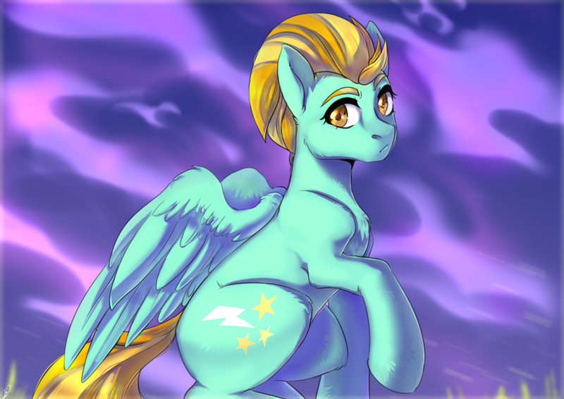 Size: 3508x2480 | Tagged: safe, artist:tigra0118, derpibooru import, lightning dust, pony, canon pony, female, full body, looking at you, my little pony, sky, solo