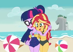 Size: 1024x730 | Tagged: dead source, suggestive, artist:brick588, derpibooru import, sci-twi, sunset shimmer, twilight sparkle, equestria girls, equestria girls series, bad touch, beach, belly button, bikini, blushing, breast fondling, breast grab, breasts, clothes, female, grope, heart eyes, lesbian, midriff, molestation, ocean, personal space invasion, remake, rock horse, scitwishimmer, shipping, sunsetsparkle, swimsuit, wingding eyes