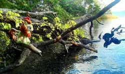 Size: 2168x1295 | Tagged: artist:hihin1993, autumn blaze, derpibooru import, irl, japan, photo, plushie, princess luna, river, safe, tree, water