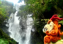 Size: 1888x1308 | Tagged: artist:hihin1993, autumn blaze, derpibooru import, irl, japan, kirin, photo, plushie, safe, solo, water, waterfall