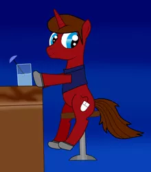 Size: 700x796 | Tagged: safe, artist:kanske-2099, derpibooru import, oc, oc:flare gun, pony, unicorn, bar, clothes, computer mouse, shoes, sitting, stool, vest