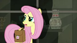 Size: 1920x1080 | Tagged: safe, derpibooru import, screencap, fluttershy, pony, daring doubt, bag, saddle bag, solo, vase