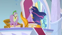 Size: 875x492 | Tagged: alicorn, derpibooru import, dragon, gigachad spike, older, older spike, princess twilight 2.0, safe, screencap, spike, the last problem, throne, twilight sparkle, twilight sparkle (alicorn), winged spike