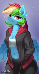 Size: 793x1500 | Tagged: safe, artist:iloota, derpibooru import, rainbow dash, anthro, pegasus, breasts, busty rainbow dash, chest fluff, cleavage, cleavage fluff, clothes, cute, dashabetes, ear fluff, female, hands in pockets, hoodie, jacket, looking at you, mare, pants, smiling, solo