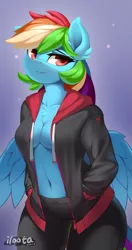 Size: 793x1500 | Tagged: absolute cleavage, alternate version, anthro, artist:iloota, belly button, breasts, busty rainbow dash, chest fluff, cleavage, cleavage fluff, clothes, derpibooru import, female, hands in pockets, hoodie, jacket, looking at you, mare, open clothes, open jacket, pants, pegasus, rainbow dash, smiling, solo, solo female, suggestive
