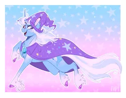 Size: 1459x1132 | Tagged: safe, artist:wanderingpegasus, derpibooru import, trixie, pony, unicorn, abstract background, cape, clothes, cloven hooves, curved horn, cutie mark, female, hat, horn, looking at you, mare, open mouth, running, smiling, solo, trixie's cape, trixie's hat, unshorn fetlocks