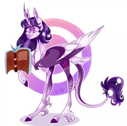 Size: 1914x1894 | Tagged: safe, artist:manella-art, derpibooru import, twilight sparkle, twilight sparkle (alicorn), alicorn, classical unicorn, pony, unicorn, abstract background, alternate design, book, cloven hooves, curved horn, horn, leonine tail, solo, unshorn fetlocks