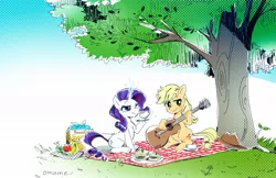 Size: 1200x779 | Tagged: safe, artist:5mmumm5, derpibooru import, applejack, rarity, earth pony, pony, unicorn, apple, applejack's hat, banana, basket, cowboy hat, cup, cute, female, food, fruit, glowing horn, guitar, hat, holding, horn, jackabetes, lesbian, levitation, magic, mare, musical instrument, picnic, picnic basket, picnic blanket, playing guitar, raribetes, rarijack, sandwich, shipping, teacup, telekinesis, tree