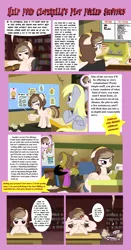 Size: 2512x4776 | Tagged: safe, artist:succubi samus, derpibooru import, derpy hooves, oc, oc:moon pearl, oc:rella, unofficial characters only, pegasus, pony, advertisement, bandana, chair, clothes, comic, cross-popping veins, debris, desk, dust, explanation, eyes closed, floppy ears, gendo pose, help me, messy mane, panel, paper, show accurate, spider web, typewriter, wing hands, wings
