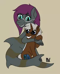 Size: 1180x1448 | Tagged: safe, artist:nightwind-arts, derpibooru import, oc, oc:glimmering tide, oc:silver vapor, unofficial characters only, original species, shark, shark pony, unicorn, couple, female, glasses, happy sex, holding, horn, hug, love, male, mare, sex, shark pony oc, sitting, smiling, stallion, unicorn oc