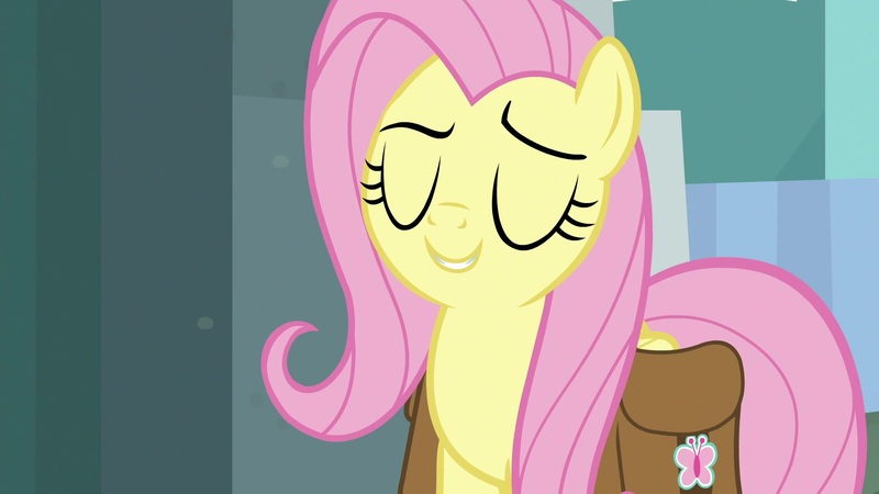 Size: 1920x1080 | Tagged: safe, derpibooru import, screencap, fluttershy, pegasus, pony, daring doubt, bag, eyes closed, female, grin, mare, saddle bag, smiling, solo