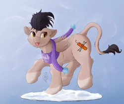 Size: 4350x3673 | Tagged: safe, artist:batsdisaster, derpibooru import, oc, unofficial characters only, bat pony, pegasus, pony, bat ponified, clothes, female, mare, race swap, scarf, snow, solo, tongue out, wings