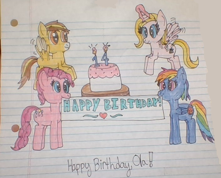 Size: 706x569 | Tagged: safe, artist:nightshadowmlp, derpibooru import, pinkie pie, rainbow dash, oc, oc:caramel swirl, oc:ola tiger, alicorn, earth pony, pegasus, pony, secrets and pies, 14, alicorn oc, birthday, cake, evil pie hater dash, female, food, glowing horn, horn, lined paper, mare, pinkiehater, text, tigerswirl, traditional art, wings