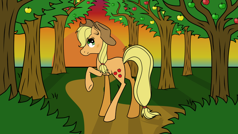 Size: 1920x1080 | Tagged: safe, artist:onlymeequestrian, derpibooru import, applejack, earth pony, pony, apple, apple tree, female, food, mare, orchard, raised hoof, smiling, solo, sunset, tree