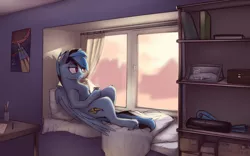 Size: 4000x2500 | Tagged: safe, artist:toanderic, derpibooru import, oc, oc:icylightning, unofficial characters only, cat, pegasus, pony, bed, bedroom, blanket, blueprint, book, boxes, coffee, cup, curtains, female, mare, picture, poster, rocket, shelves, solo, sunrise, table, unshorn fetlocks, window, windowsill