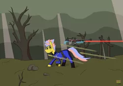 Size: 1280x903 | Tagged: safe, artist:vol_audacity, derpibooru import, oc, oc:full fury, unofficial characters only, pony, unicorn, fallout equestria, bullet, cel shading, clothes, dead tree, energy weapon, glowing horn, gun, hooves, horn, jumpsuit, laser, laser rifle, laser sniper rifle, levitation, magic, magical energy weapon, optical sight, rifle, shading, sniper rifle, solo, telekinesis, tree, wasteland, weapon