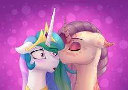 Size: 3500x2481 | Tagged: safe, artist:starshade, derpibooru import, princess celestia, oc, oc:sumac spirit, alicorn, pony, unicorn, abstract background, blushing, bust, canon x oc, commission, female, kissing, mare, portrait, romance, ych result, your character here