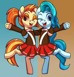 Size: 3792x3912 | Tagged: safe, alternate version, artist:moonseeker, derpibooru import, lighthoof, shimmy shake, earth pony, pony, 2 4 6 greaaat, cheerleader, cheerleader outfit, clothes, cute, duo, duo female, female, looking at you, one eye closed, pleated skirt, ponytail, school uniform, schoolgirl, skirt, smiling, standing, wink