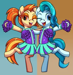 Size: 3792x3912 | Tagged: safe, alternate version, artist:moonseeker, derpibooru import, lighthoof, shimmy shake, earth pony, pony, 2 4 6 greaaat, cheerleader, cheerleader outfit, clothes, cute, duo, duo female, female, looking at you, one eye closed, pleated skirt, pom pom, ponytail, skirt, smiling, standing, wink